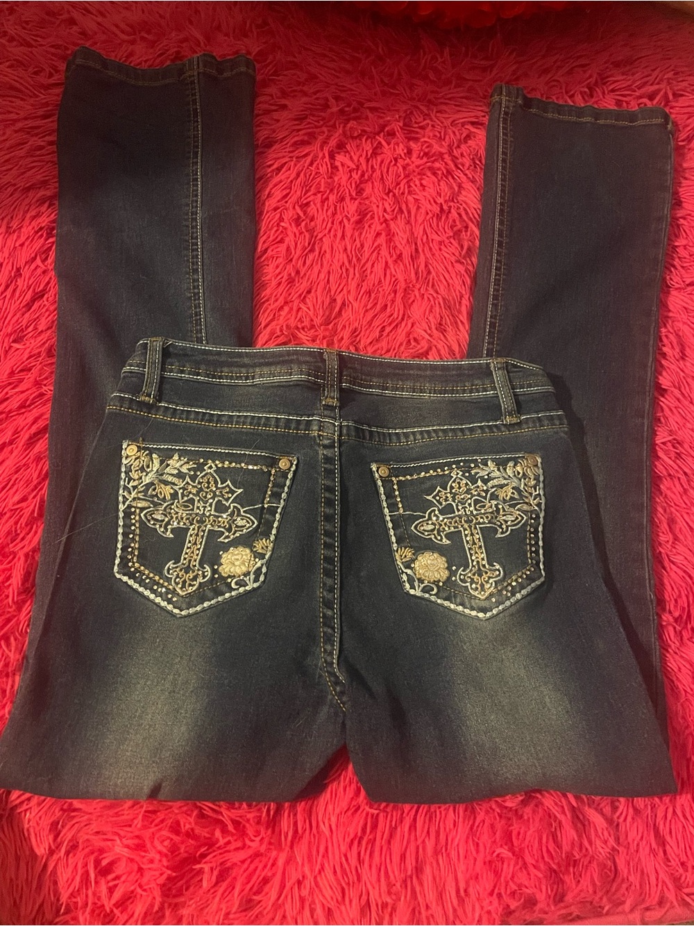 Harper Dark Blue Skinny Jeans with Embroidered Cross Pockets